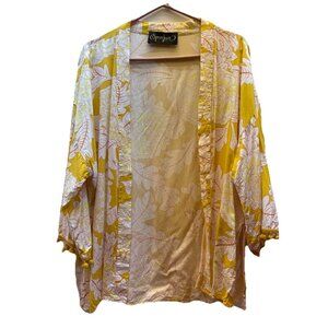 Spoon Jeans Duster Cardigan Fringe Women XL Boho Yellow Orange Pink Leafy Print